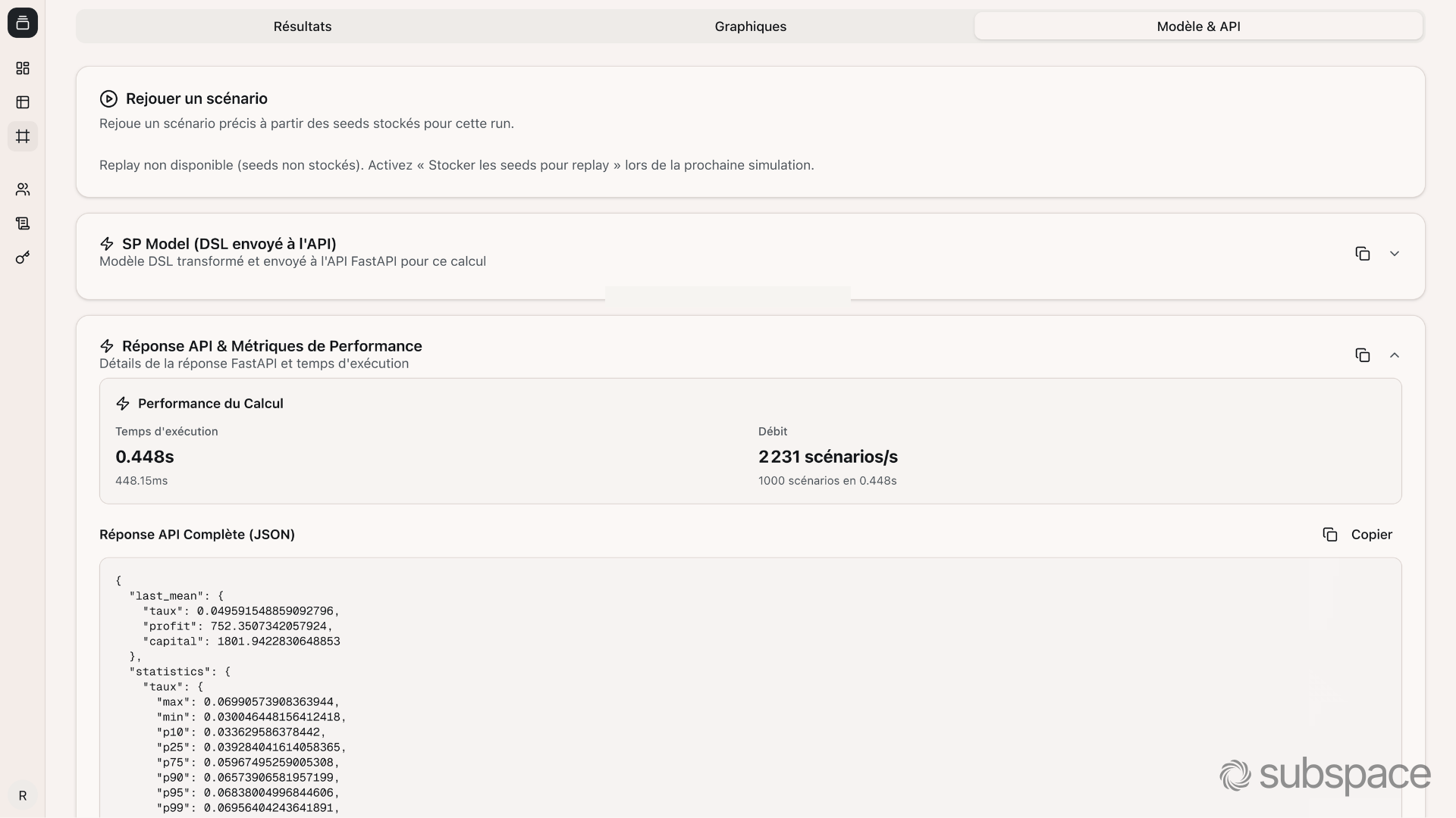 Model & API tab : run performance and an excerpt of the JSON returned by the API.