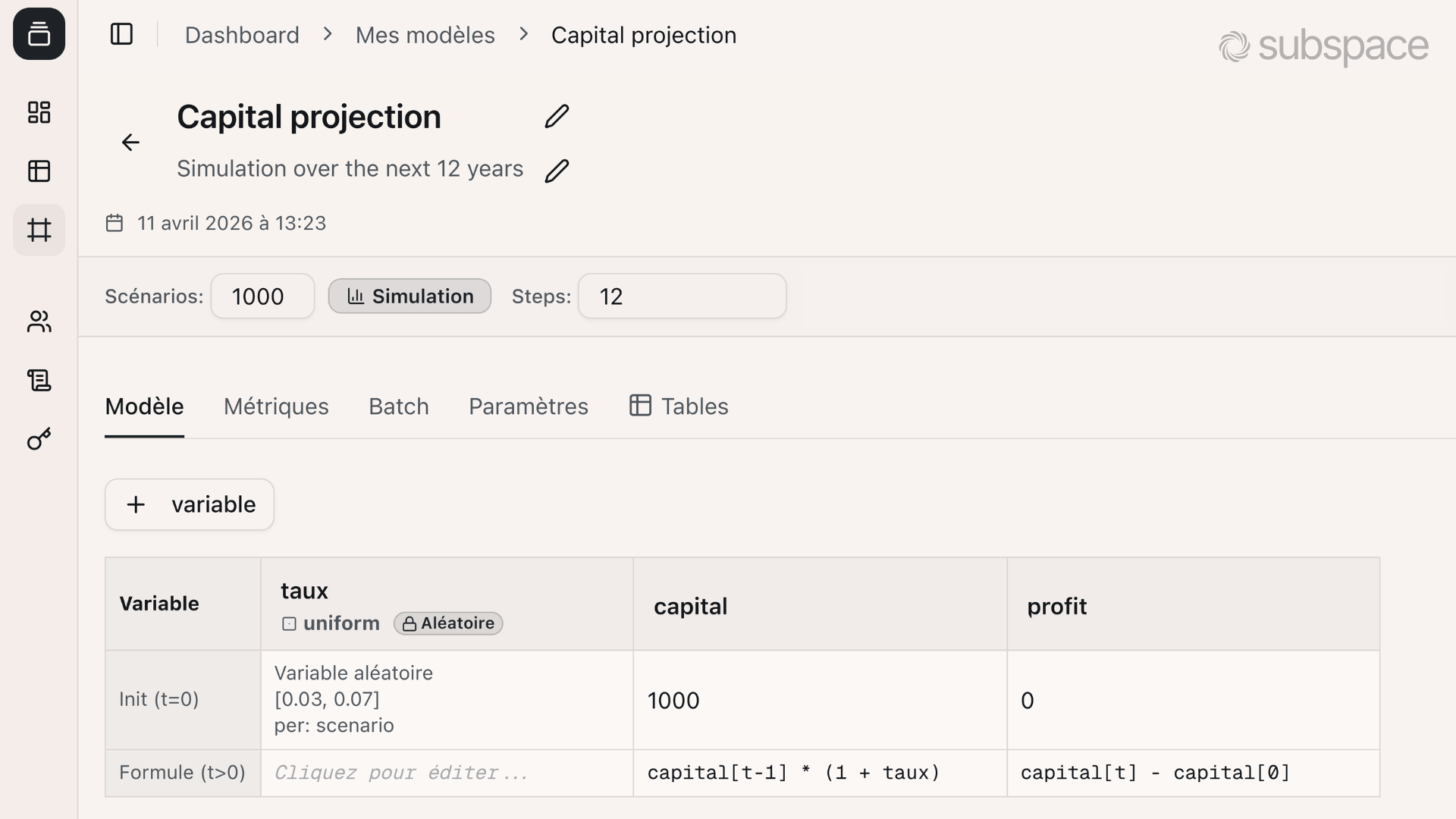Subspace portal : close-up of “Capital projection”: Model tab, run parameters, and spreadsheet columns matching the SP Model.